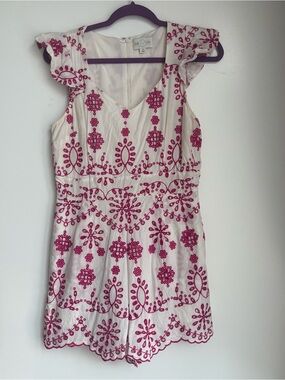 White Boutique Romper with Pink Embroidery